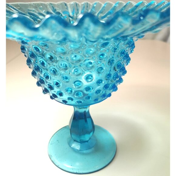 Blue Ruffle Hobnail Compote Dish Fenton Art Glass UV Reactive Circa 1940s - Picture 6 of 10